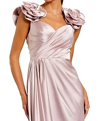 Satin Faux Wrap Gown with 3D Flower Straps