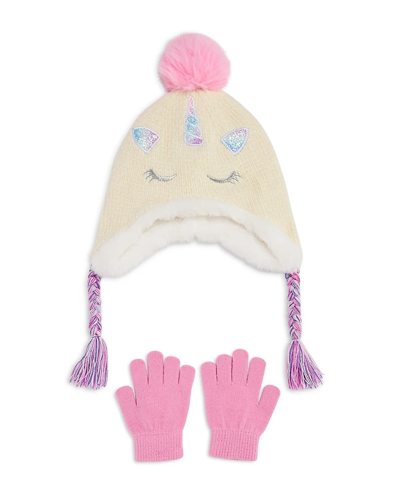 Capelli Girls' Unicorn Chenille Knit Earflap Hat With Faux Fur Pom & Gloves Set - Little Kid, Big Kid