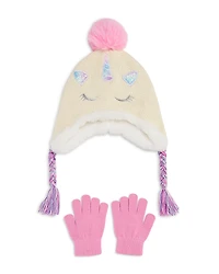 Capelli Girls' Unicorn Chenille Knit Earflap Hat With Faux Fur Pom & Gloves Set - Little Kid, Big Kid
