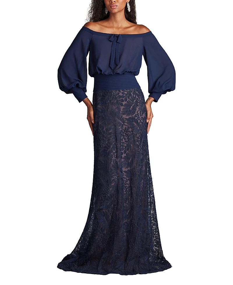 Tadashi Shoji Azura Off-Shoulder Blouson Embroidered Gown