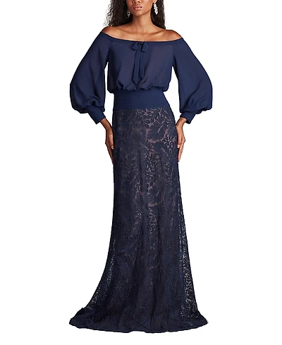 Tadashi Shoji Azura Off-Shoulder Blouson Embroidered Gown