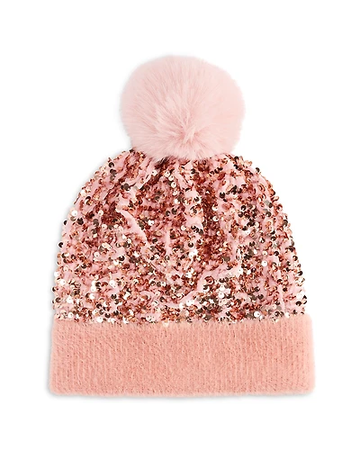 Surell Girls' Knit Sequin Beanie Hat With Faux Fur Pom - Big Kid