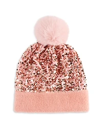 Surell Girls' Knit Sequin Beanie Hat With Faux Fur Pom - Big Kid