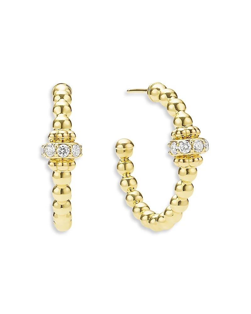 Lagos 18K Yellow Gold Caviar Gold Diamond Rondelle Bead Hoop Earrings