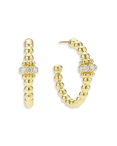 Lagos 18K Yellow Gold Caviar Gold Diamond Rondelle Bead Hoop Earrings