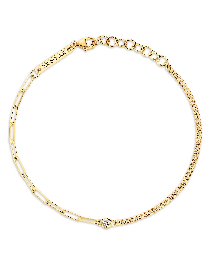 Zoe Chicco 14K Yellow Gold Bezel Diamonds Mixed Chain Bracelet
