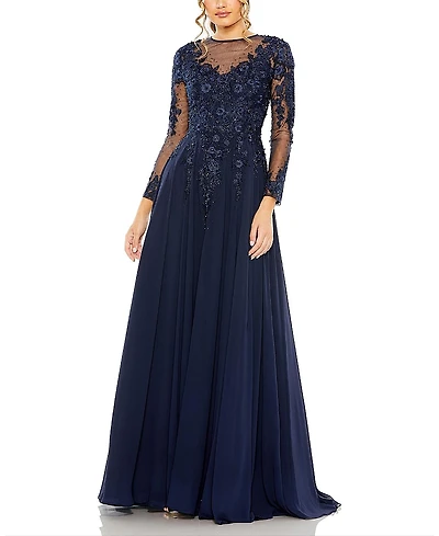 Mac Duggal Hand-Embellished Lace Gown with Jeweled Embroidery