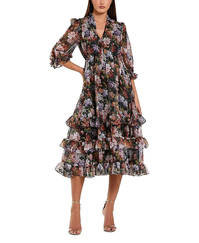 Mac Duggal Chiffon 3/4 Sleeve A Line Midi Dress With Ruffles