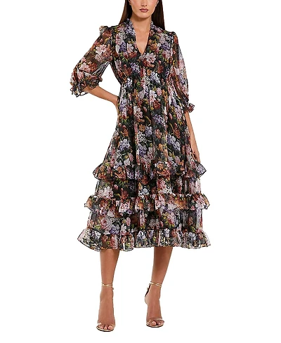 Mac Duggal Chiffon 3/4 Sleeve A Line Midi Dress With Ruffles