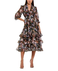 Mac Duggal Chiffon 3/4 Sleeve A Line Midi Dress With Ruffles