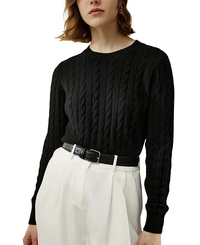 Lilysilk Classic Cable Knit Sweater with Ribbed Edges