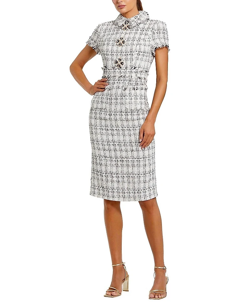 Mac Duggal Fitted Boucle Short Sleeve Button Up Midi Dress