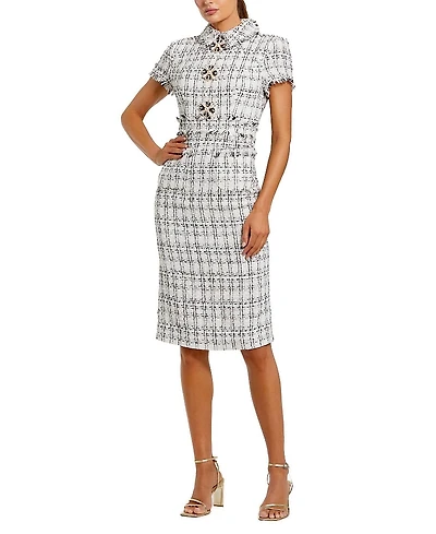 Mac Duggal Fitted Boucle Short Sleeve Button Up Midi Dress