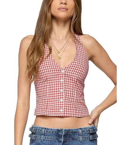 Edikted Evan Gingham Button Up Halter Top