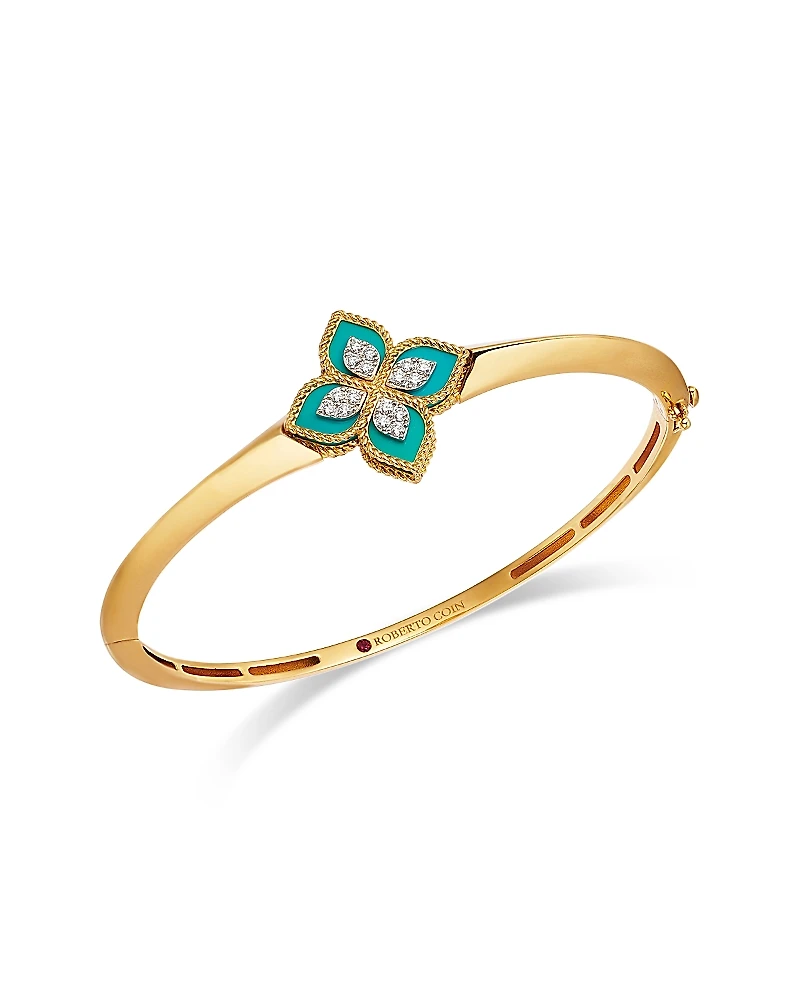 Roberto Coin 18K White & Yellow Gold Venetian Princess Turquoise & Diamond Flower Bangle Bracelet