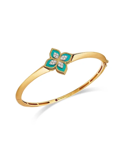 Roberto Coin 18K White & Yellow Gold Venetian Princess Turquoise & Diamond Flower Bangle Bracelet