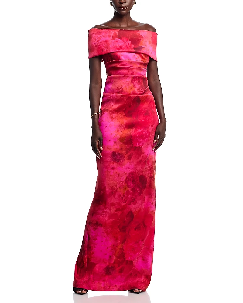 Teri Jon by Rickie Freeman Off The Shoulder Floral Mikado Gown