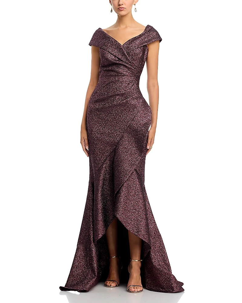 Teri Jon by Rickie Freeman Metallic Jacquard Ruffle Gown