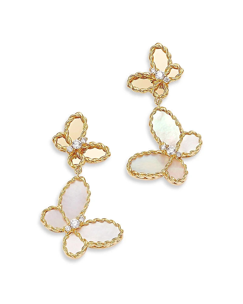 Roberto Coin 18K Yellow Gold Jasmine Mother of Pearl & Diamond Butterfly Dangle Drop Earrings