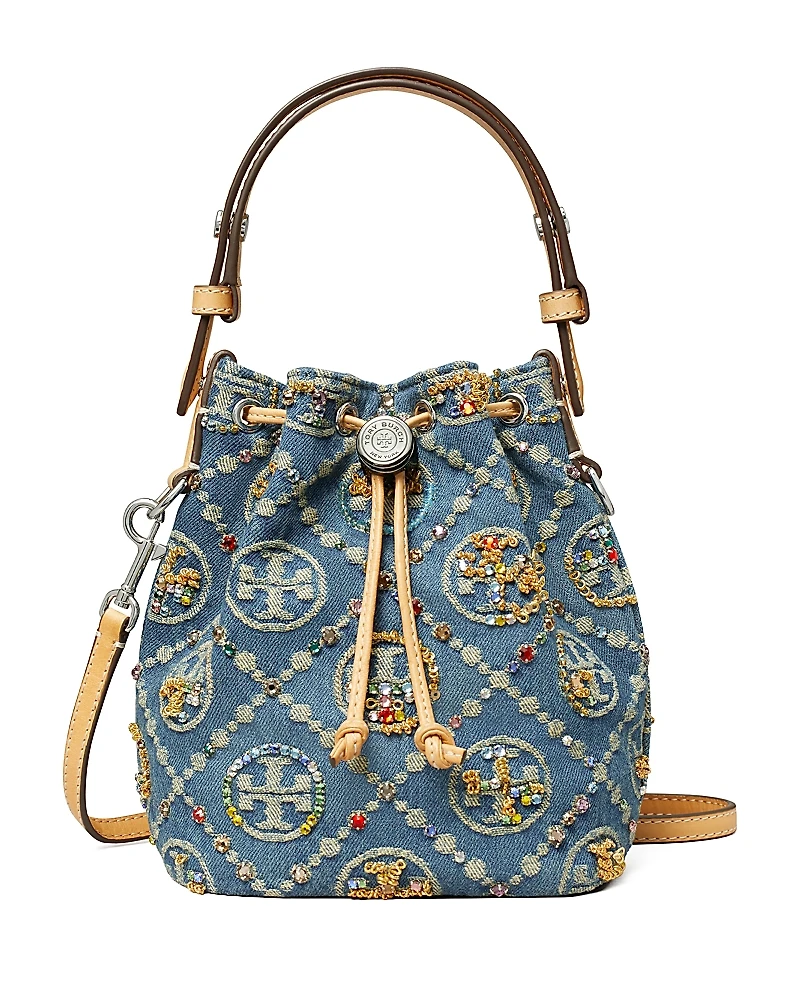 Tory Burch T Monogram Embellished Denim Bucket Bag