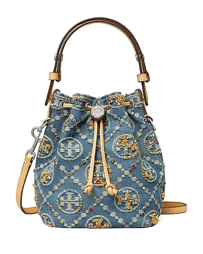 Tory Burch T Monogram Embellished Denim Bucket Bag