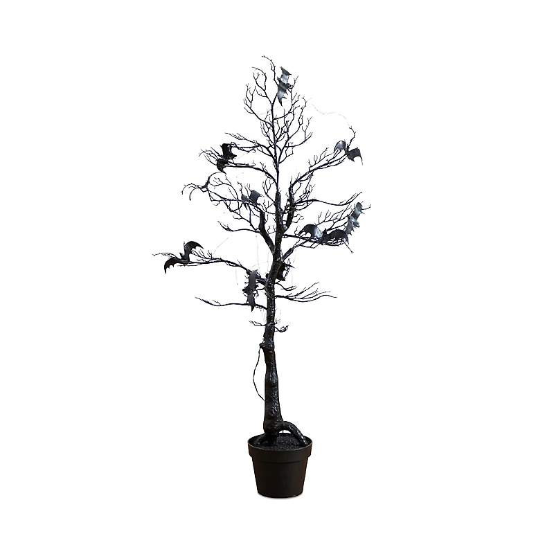 Nearly Natural 4' Pre-Lit Artificial Halloween Black Spooky Twig Tree with Bats and 120 Orange & Purple Led Lights