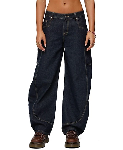 Edikted Aden Contrast Stitch Barrel Dark Rinse Wash Jeans