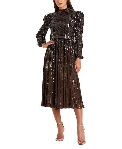 Mac Duggal Sequin Puff Sleeve Pleated Midi Dress