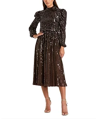 Mac Duggal Sequin Puff Sleeve Pleated Midi Dress