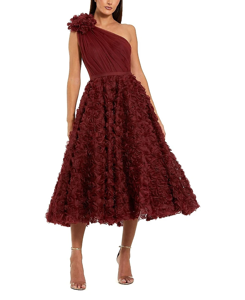 Mac Duggal One Shoulder Rosette A Line Midi Dress with 3D Flower