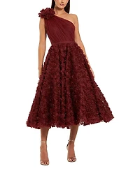 Mac Duggal One Shoulder Rosette A Line Midi Dress with 3D Flower