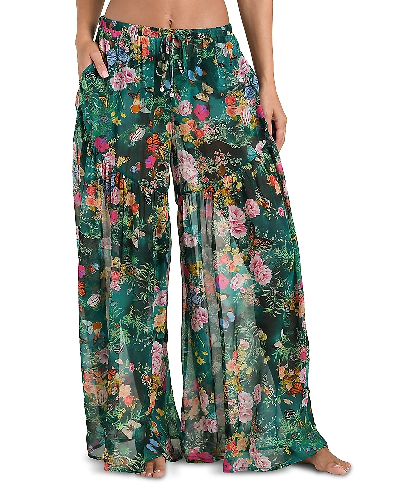 L'Agence Sharon Charonda Butterfly Sheer Wide Leg Pants Swim Cover-Up