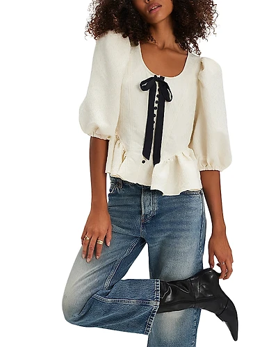 Free People Pamela Embroidered Bow Trim Top