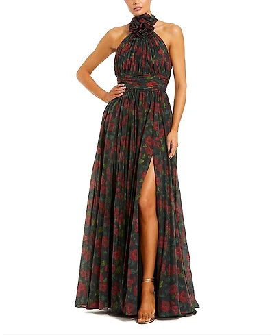 Mac Duggal Floral Chiffon 3D Flower High Neck Evening Gown