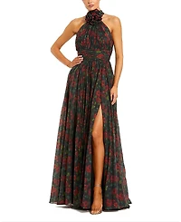 Mac Duggal Floral Chiffon 3D Flower High Neck Evening Gown