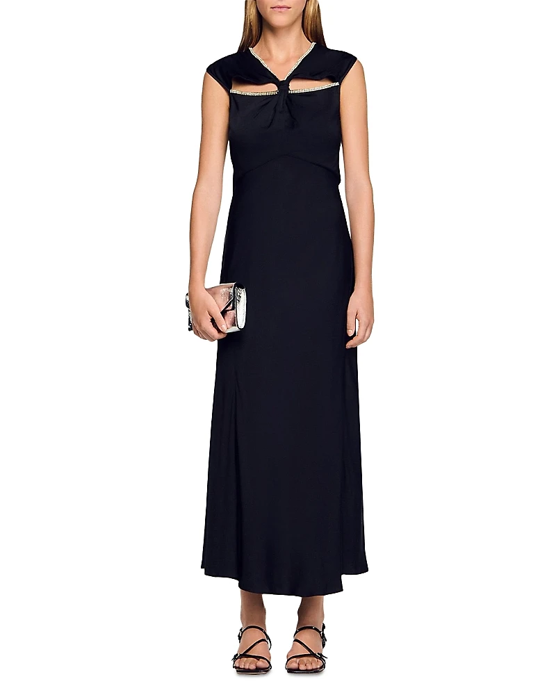 Sandro Rhinestone Trim Satin Maxi Dress