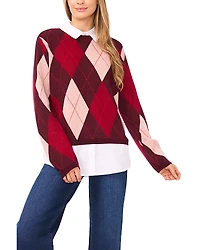 CeCe Layered Look Argyle Sweater