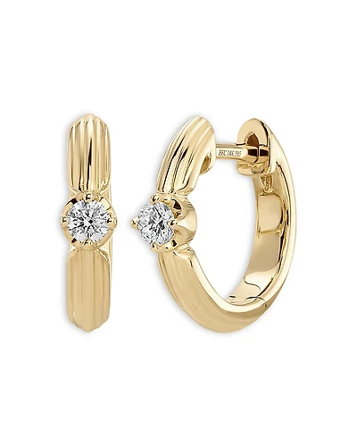 Ef Collection 14K Yellow Gold Ef Collection Diamond Solitaire Zoe Grooved Hoop Earrings