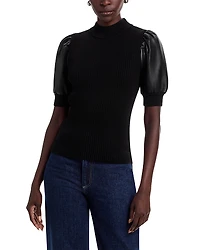 T Tahari Elbow Sleeve Mock Neck Ribbed Pullover Sweater with Faux Leather Sleeves