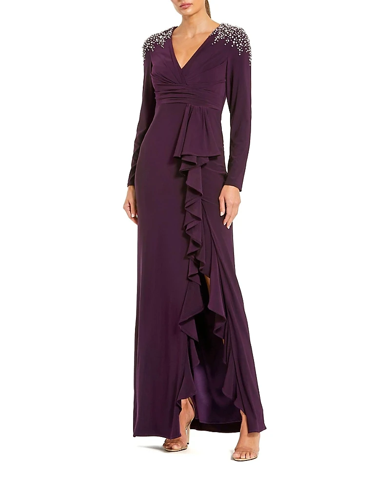 Mac Duggal Long Sleeve Gown with Cascading Ruffle & Rhinestone Shoulders