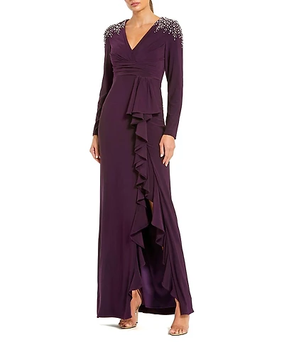 Mac Duggal Long Sleeve Gown with Cascading Ruffle & Rhinestone Shoulders
