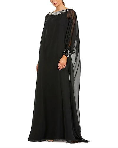 Mac Duggal Chiffon Long Sleeve Kaftan Gown with Beaded Neck