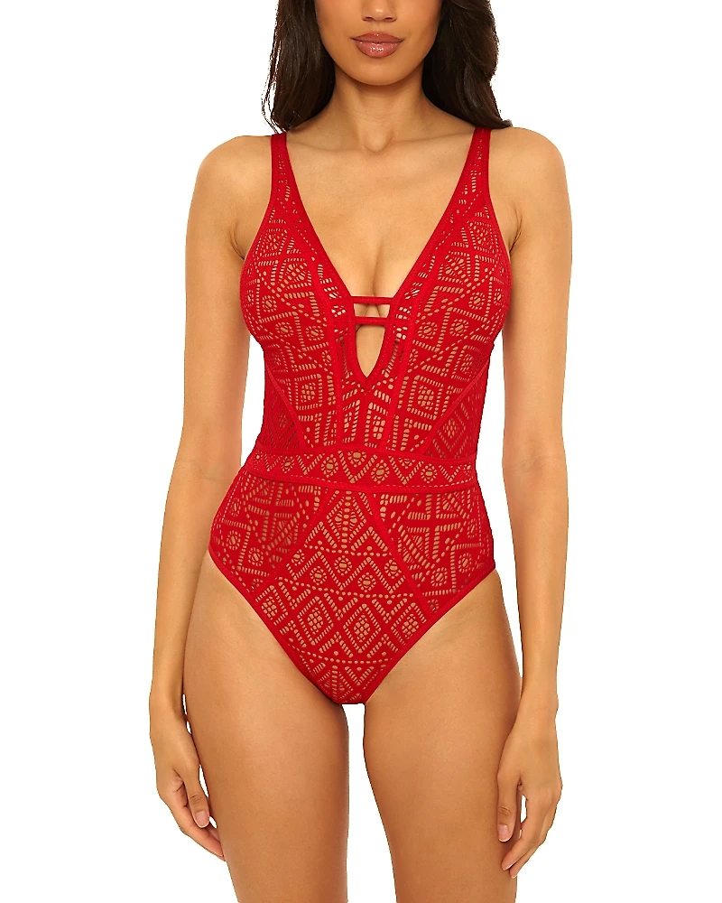 Becca by Rebecca Virtue Crochet Plunge One Piece Swimsuit