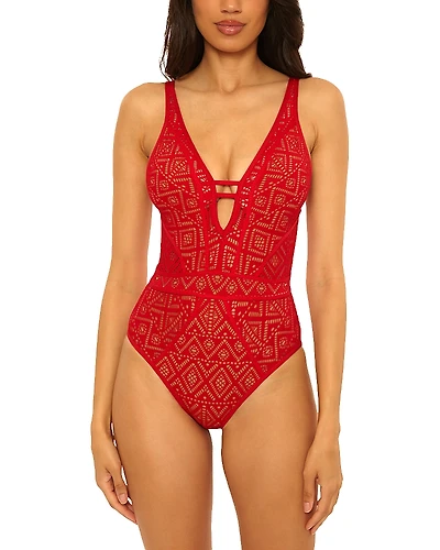 Becca by Rebecca Virtue Crochet Plunge One Piece Swimsuit