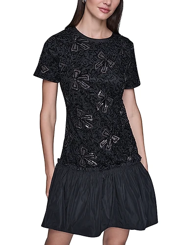 Karl Lagerfeld Paris Chenille Sequin Mesh A Line Dress