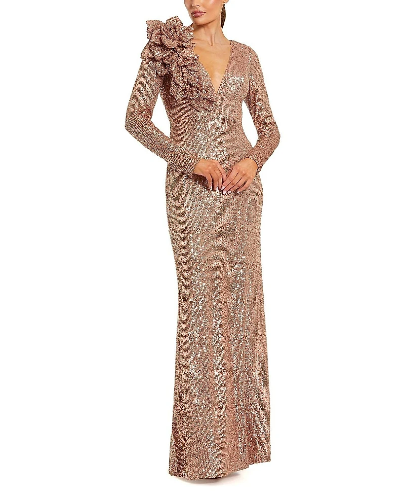 Mac Duggal V-Neck Long Sleeve 3D Floral Sequin Gown