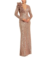 Mac Duggal V-Neck Long Sleeve 3D Floral Sequin Gown