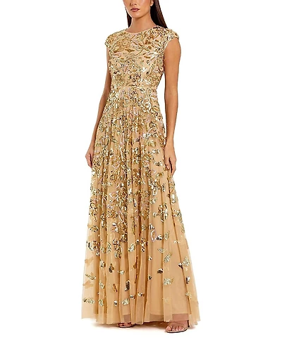 Mac Duggal Sequined High Neck Cap Sleeve A Line Gown