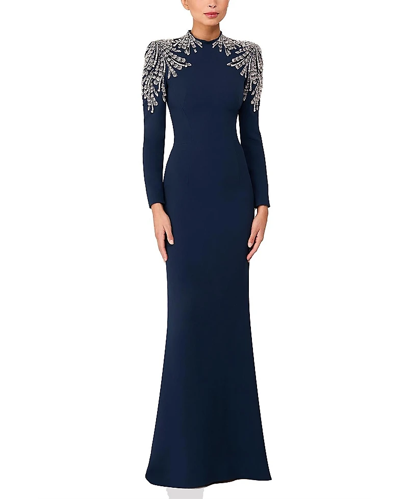 Jenny Packham Cobra Embellished-Shoulders Mock-Neck Maxi Dress