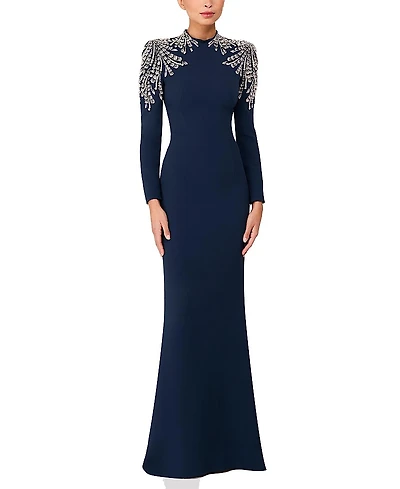 Jenny Packham Cobra Embellished-Shoulders Mock-Neck Maxi Dress